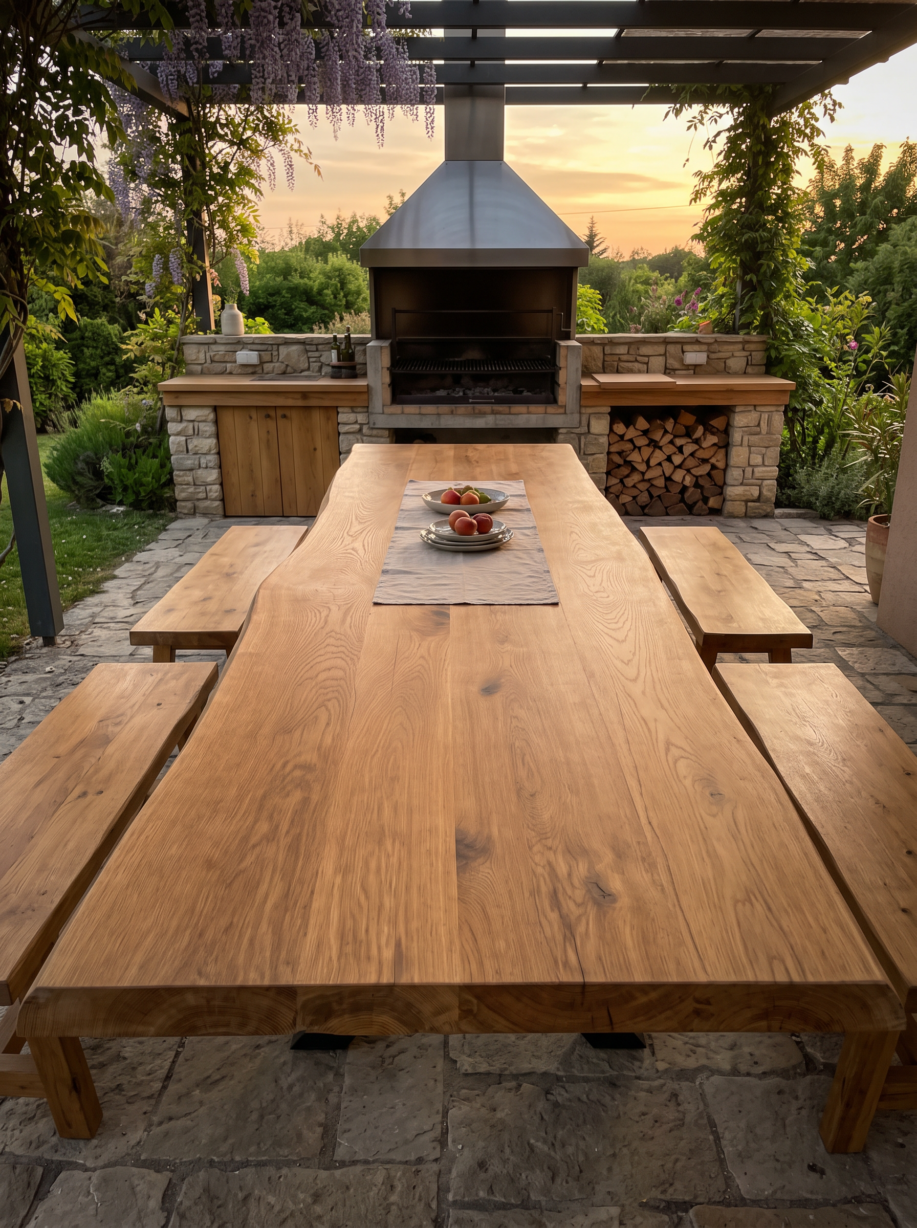The same live-edge oak banquet table with benches in a covered outdoor summer kitchen at sunset