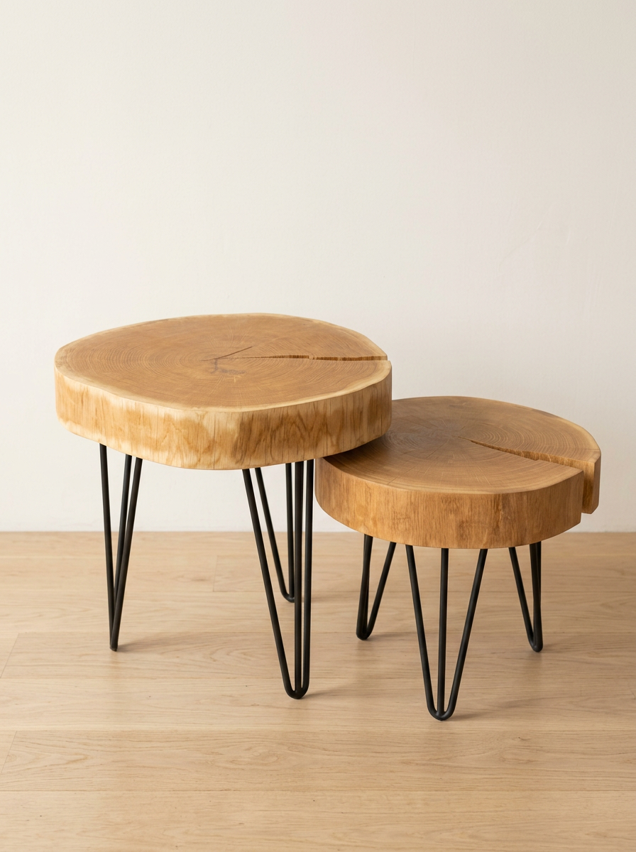 Two round solid oak slice tables with black hairpin legs, nested together in a bright Scandinavian studio