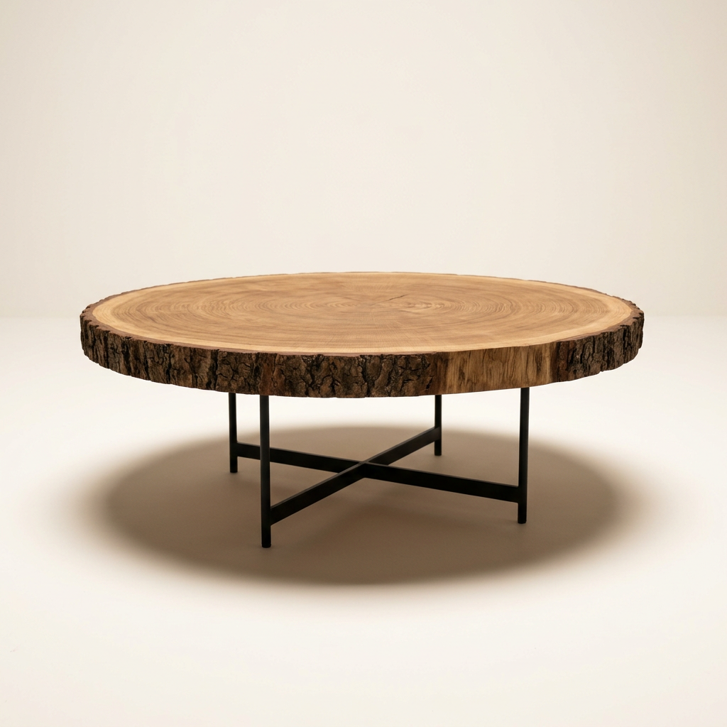 Low side view of the Tammepakk oak coffee table showing the thick slab and slim black powder-coated steel cross base