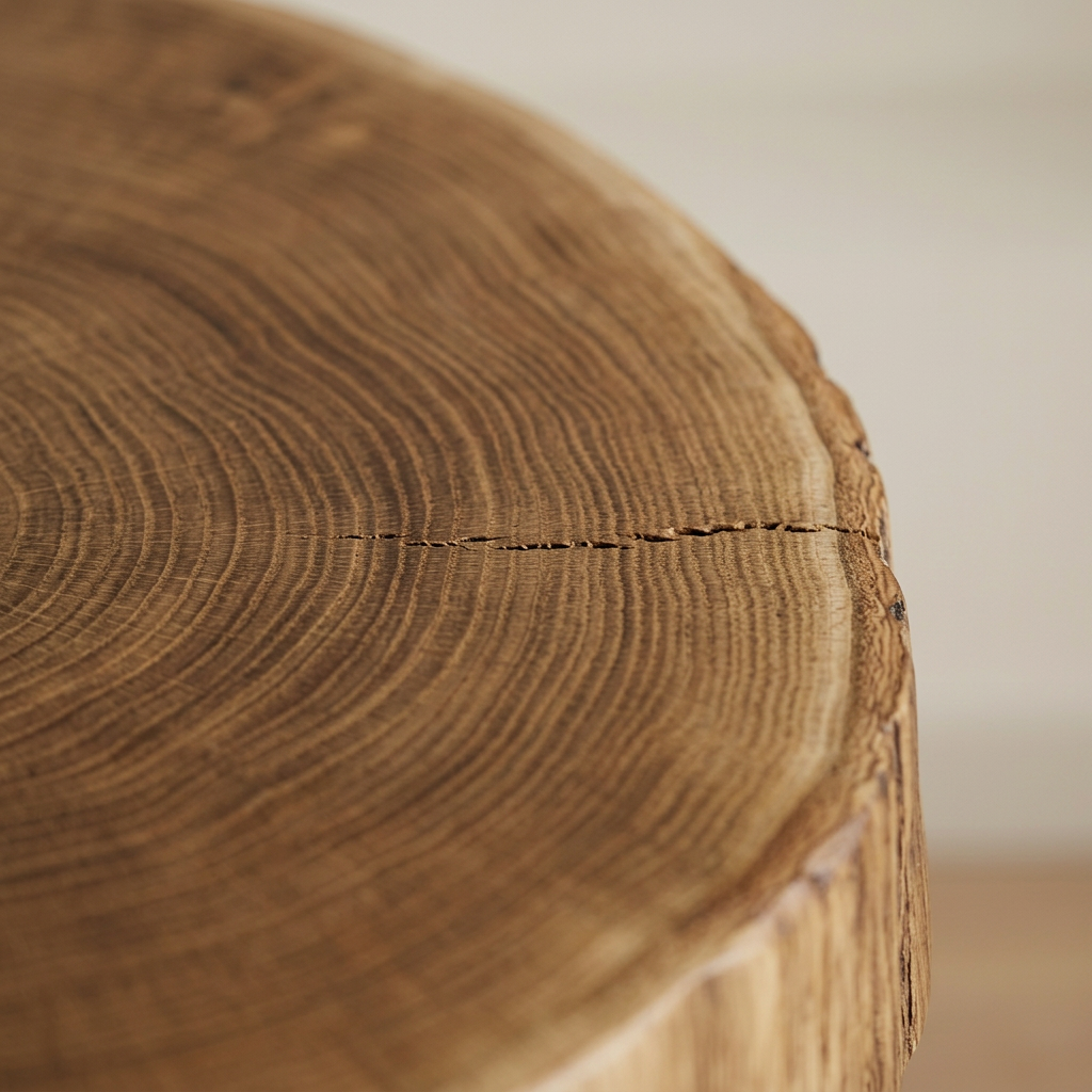 Close-up of the hand-sanded solid oak grain, natural cracks and live edge detail