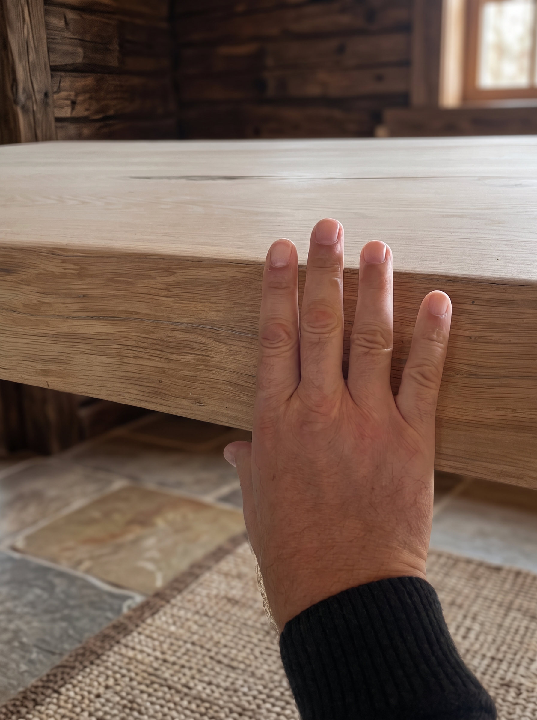 A hand resting against the thick solid oak table edge, showing the massive slab thickness