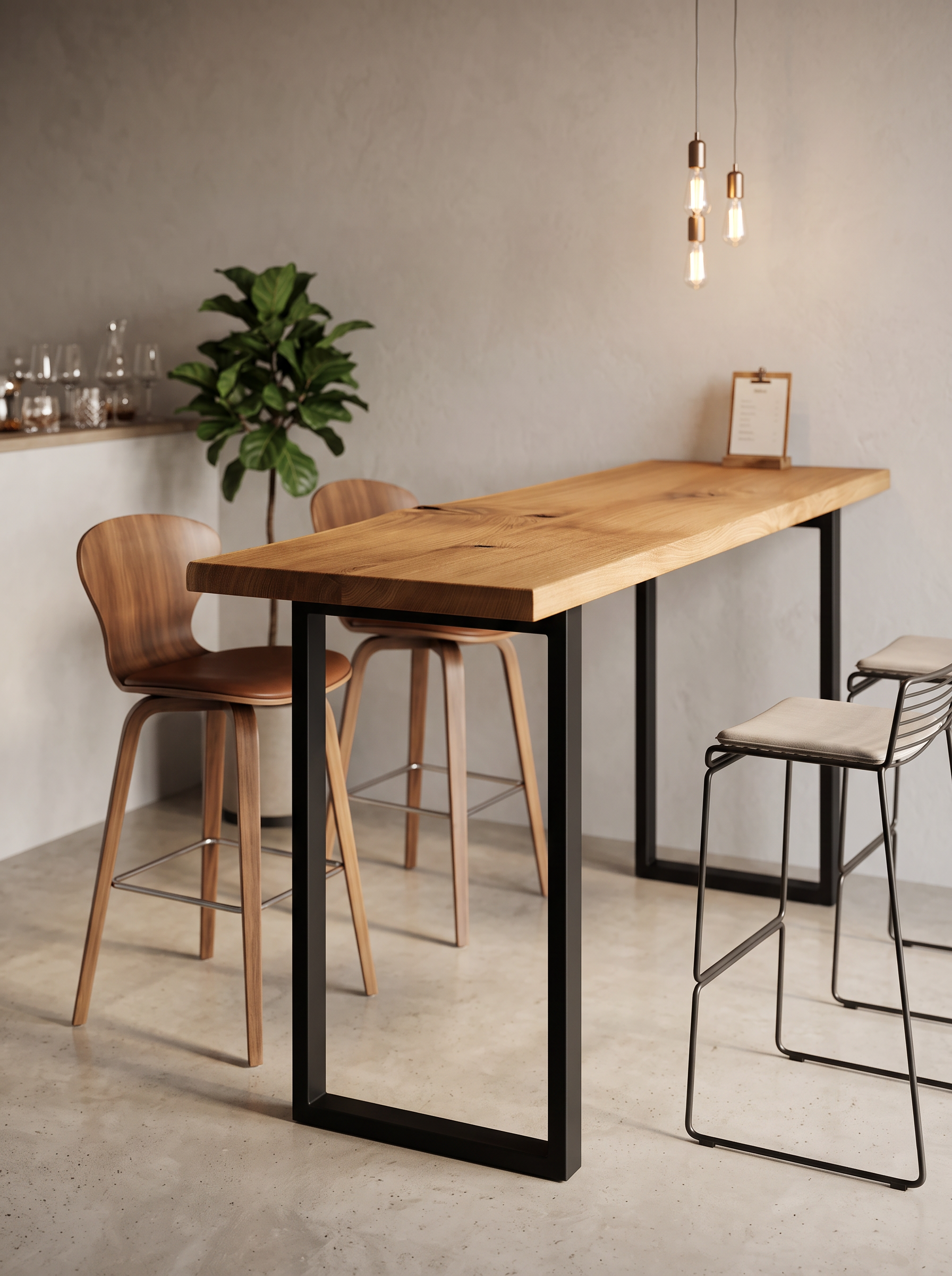 High solid oak bar table with black powder-coated steel rectangular frame in a modern bar interior with pendant lights and bar stools