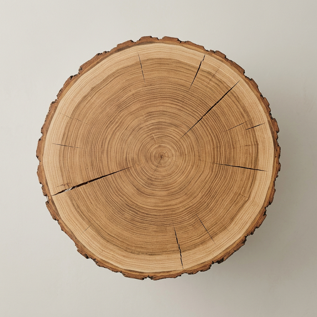 Overhead view of the Tammepakk oak slice table top showing growth rings, natural cracks and the live bark edge