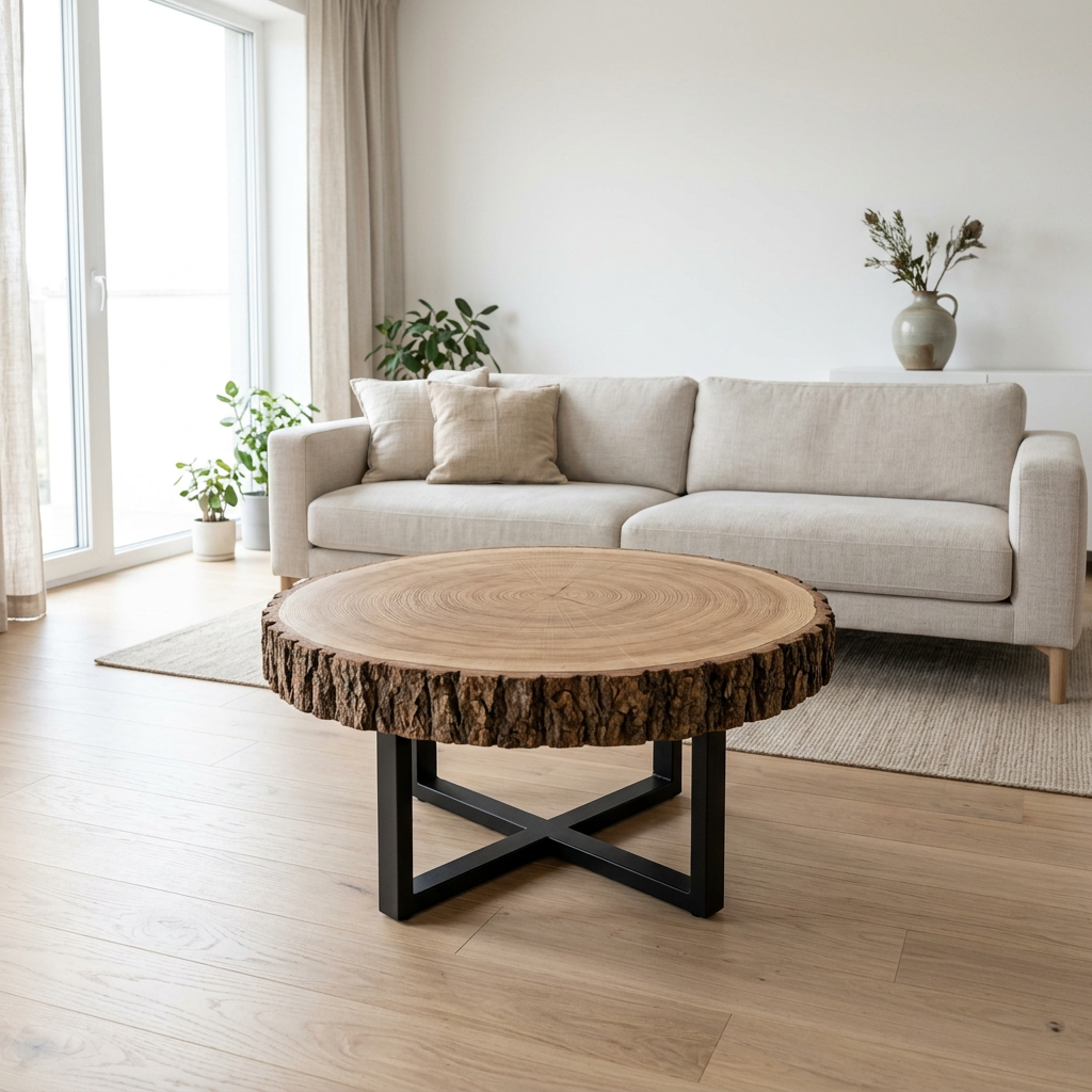 Round oak slice coffee table in a minimalist Scandinavian living room with a beige linen sofa and light oak floor